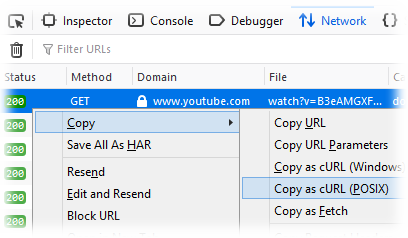 'Copy as cURL' in Firefox